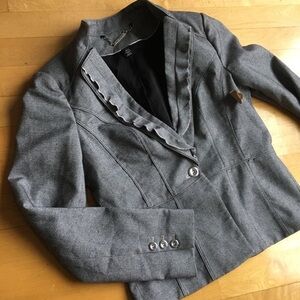 White House Black Market Ruffle, Tweed Knit Blazer, Gray, Silver, Size 4